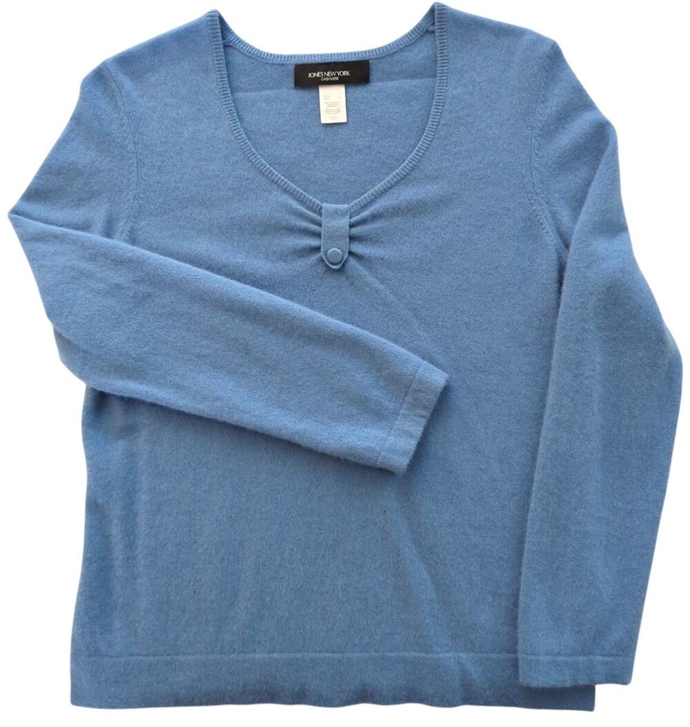 JONES NEW YORK Light Blue Cashmere V Neck Gathered Pullover Sweater women sz L